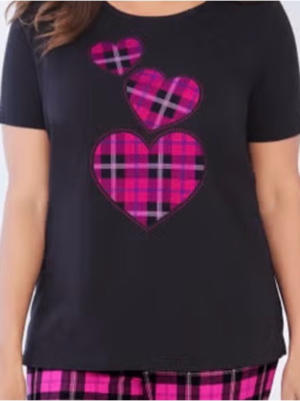 Cotton 2x Black Tee with Pink Plaid Heart Design dreams and co top only